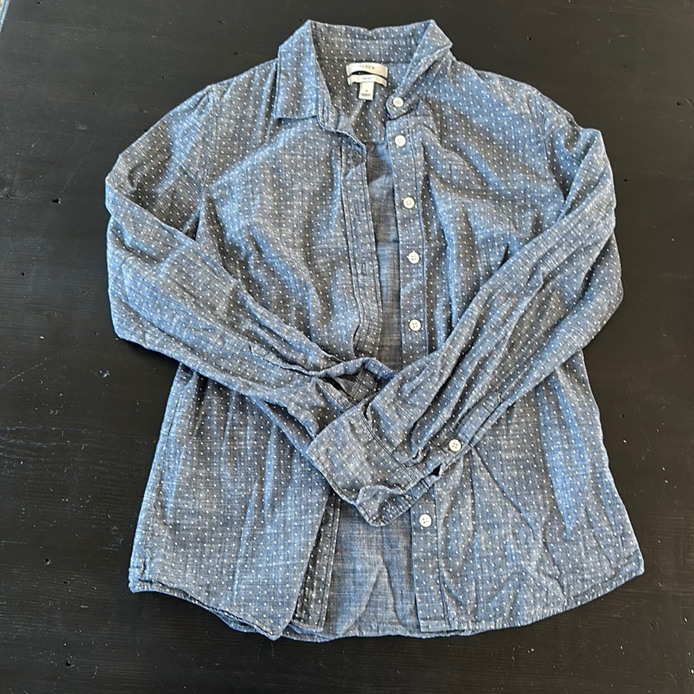 J.Crew denim and white polka dot button down